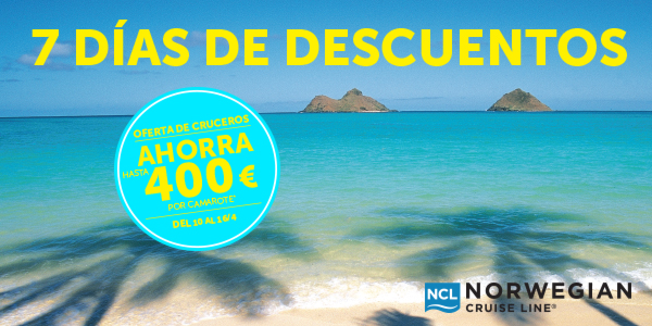 Del 10 al 16 de abril de 2013, podrás conseguir grandes descuentos. En todos los cruceros de 6 o más noches de la temporada 2013/14 te ahorrarás hasta 400€* por camarote. ¡No dejes pasar esta oportunidad! Y en cuanto a los destinos se refiere, hay para todos los gustos: por el Caribe, las Bahamas, en Alaska, a las Islas Hawaianas, por el Canal de Panamá y los cruceros Transatlánticos. Nuestro galardonado programa europeo incluye cruceros por el Mediterráneo, Mar Báltico, a las Islas Canarias y muchos más, ofrecidos por cuatro modernos barcos, entre ellos el espectacular Norwegian Epic con salida desde Barcelona. OFERTA ESPECIAL NCL ABRIL 2013 NORWEGIAN CRUISE LINE 7 DIAS DE DESCUENTOS