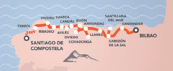 Itinerario detallado del COSTA VERDE EXPRESS (antes llamado Transcantábrico Clásico) TREN DE LUJO TRANSCANTABRICO CLASICO COSTA VERDE EXPRESS COSTA CANTABRICA TURISMO BILBAO SANTANDER OVIEDO ARRIONDAS COVADONGA LLANES SANTILLANA DEL MAR CUEVAS ALTAMIRA CABEZON DE LA SAL AVILES CANDAS LUARCA RIBADEO VIVEIRO FERROL SANTIAGO DE COMPOSTELA CRUCERO EN TREN