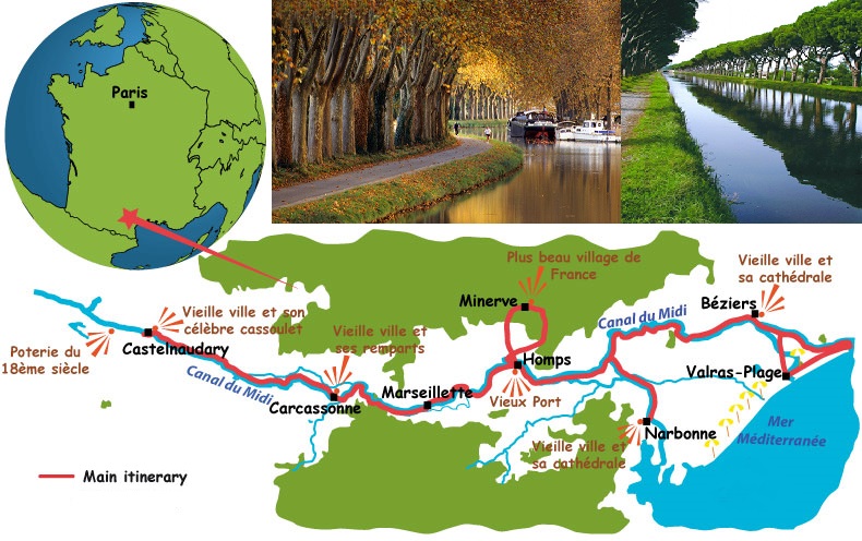 Mapa del Canal du Midi (Sur de Francia) CRUCEROS FLUVIALES SUR DE FRANCIA CANALES DE FRANCIA CANAL DU MIDI CARCASSONNE BEZIERS MINERVE