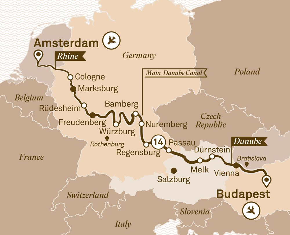 MAPA del itinerario JOYAS DE EUROPA (Jewels of Europe) CRUCERO DE LUJO SCENIC CRYSTAL CRUCERO JOYAS DE EUROPA CRUCERO BUDAPEST AMSTERDAM